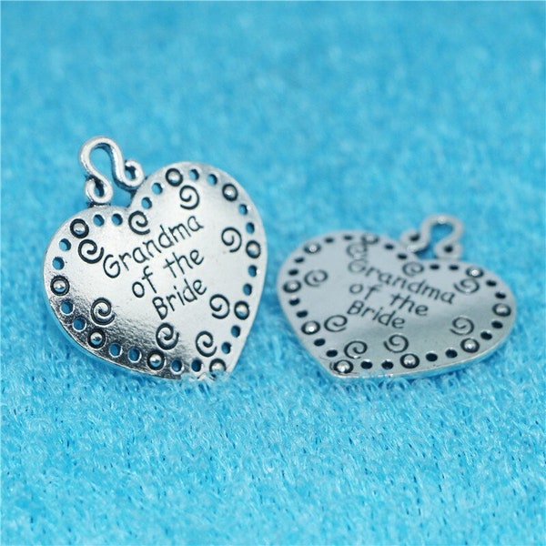 4 Pcs. Grandma Of The Bride Charms, Pendants, Heart Grandmother Charms, Alloy Antique Silver Metal B2392
