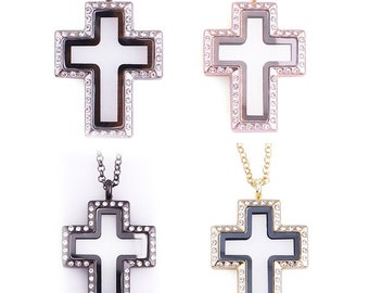 Rhinestone Cross Locket Necklace: Magnetic Floating Charm, 24" Chain