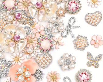 Vintage Style Floral Flatback Embellishments: Faux Pearl & Rhinestone Flatbacks - 48 Pcs