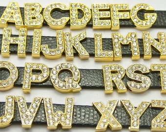 Slider Charms, A-Z Alphabet Letter Slide Charms, 10MM Rhinestone Alphabet Charms, Letter Charms, Gold Tone Alloy.