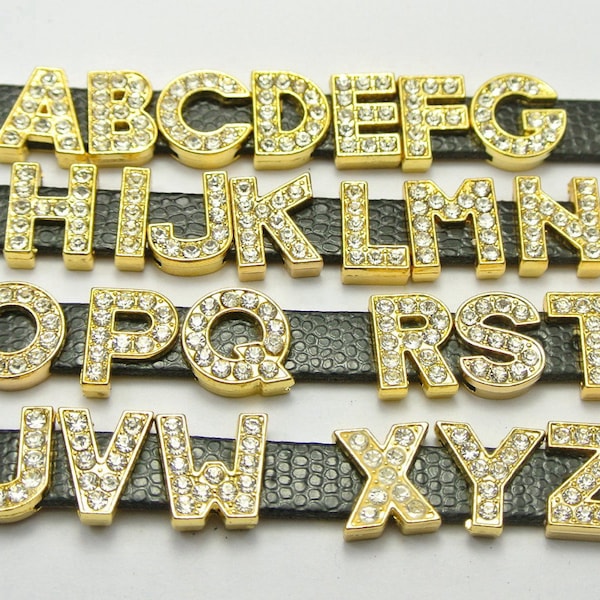 Slider Charms, A-Z Alphabet Letter Slide Charms, 10MM Rhinestone Alphabet Charms, Letter Charms, Gold Tone Alloy.