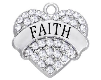 Faith Rhinestone Heart Charm: Christian Silver Pendant (24mm)