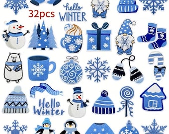 32 Pcs Blue Winter Christmas Embroidered Patches, Snowman Snowflake Penguin Appliques, Iron On Sewing Craft Supplies