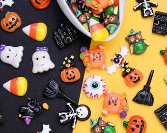 10 Halloween Resin Flatbacks: Random Mix of Pumpkins, Ghosts, Bats, Witches, broomstick, Skeleton, etc.