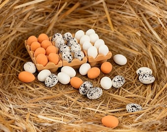 Huevos en miniatura en bandeja para aficionados a las casas de muñecas: huevos blancos, huevos marrones o huevos de codorniz, accesorios para casas de muñecas, comida para casas de muñecas, 1 juego. 0322