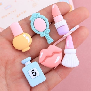 6 Cosmetic Makeup Resin Flatbacks | Lipstick | Nail Polish | Blush Brush Flatbacks | Perfume Bottle | Makeup Mirror | Pink Lips Resins 216