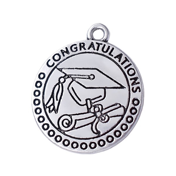 4 Pcs, 2-Sided Congratulations Cap & Diploma Round Charms, School College Graduation, Tassles, Degree, Education, Achievement, Success