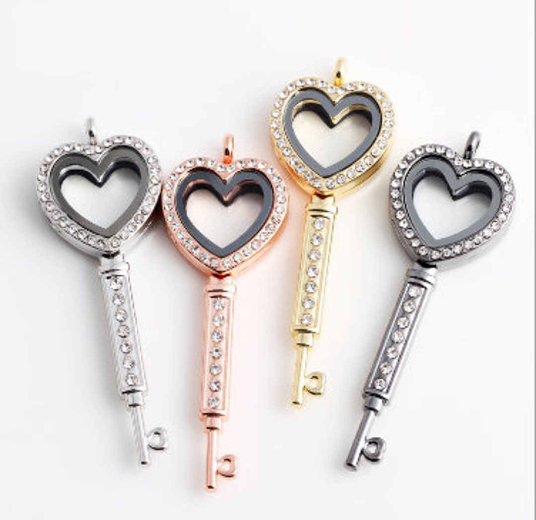 Loop Key Charm Rhinestone Rhinestone Heart Key Locket: Magnetic Floating Charm Pendant - Etsy