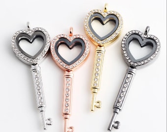 Rhinestone Heart Key Locket: Magnetic Floating Charm Pendant