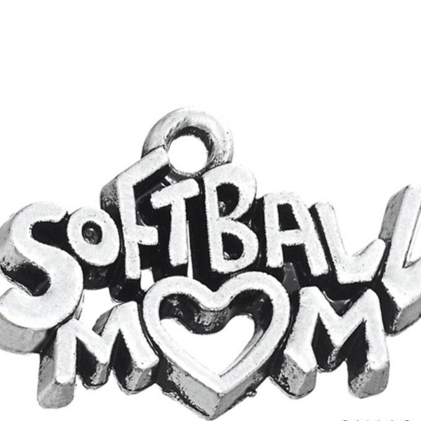 4 Pc. or 10 Pcs. Softball Mom Charms, Word Pendants, Proud Sport Mom, Biggest Fan, Home Run, Bat Ball, Catchers Mitt, Mother's Day, Heart