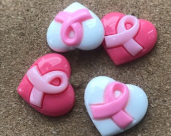 10 Pcs. Pink Heart w/ Pink Ribbon Breast Cancer Resin Flat Backs, Flatback, Pink Ribbon Kawaii, Cabochons, Hair Bow Centers, DIY Crafts D29