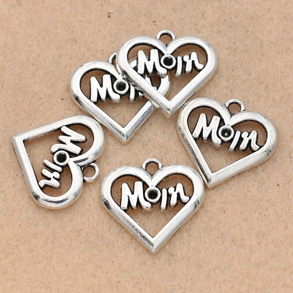 10 Pcs. Mom Heart Charms, Zinc Alloy, Antique Silver Metal, Mother's Day Charms B1868