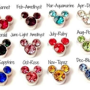May include: Twelve Mickey Mouse-shaped charms with different colored gemstones representing each month of the year.  Jan-Garnet, Feb-Amethyst, Mar-Aquamarine, Apr-Diamond, May-Emerald, June-Light Amethyst, July-Ruby, Aug-Peridot, Sept-Sapphire, Oct-Rose, Nov-Topaz, Dec-Blue Topaz.