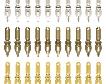 6 breloques plume de calligraphie : argent vieilli, or, bronze (32 x 7 mm)