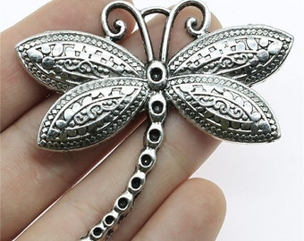 Antique Silver Dragonfly Charm, Large Zinc Alloy Pendant (63x58mm)