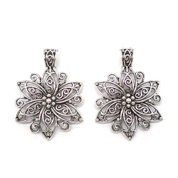 2 Pcs. Large Filigree Flower Charm, Pendant, Zinc Alloy, Antique Silver Charms, Floral Charms B1894