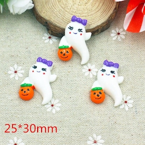 10 Pcs. Halloween Girl Ghost W/ Pumpkin Resin Flat Backs, Flatback, Hair Bow Centers, DIY Crafts D22