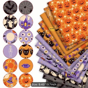May include: A collection of fabric sheets featuring Halloween-themed patterns including pumpkins, ghosts, skeletons, bats, spiderwebs, eyeballs, and witch hats in orange, purple, black, and white. The text on the image reads Size: 24.003*50.038 cm.