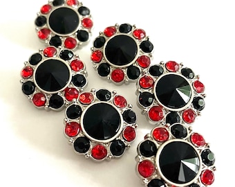 Boutons en strass noirs et rouges - Tige en acrylique argenté (25 mm)