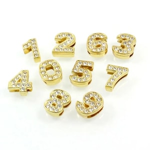 Full Rhinestone Slide Charms, 10MM Gold Tone Alloy, Numerals 0-9 DIY Charms, Fit 10MM Wide Pet Collar, Wristband Key Chains, 000