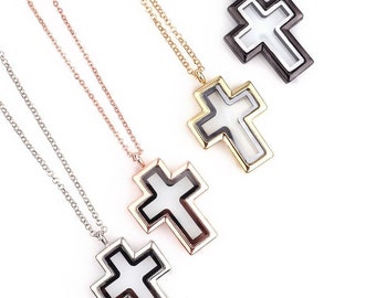 Cross Floating Memory Locket Necklace: Magnetic Glass Pendant
