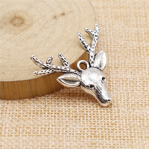 2 Pcs or 6 Pcs Buck Head w/ Antlers Charm, Pendants, Reindeer, Deer, Horns, Large Animal Head, Hunting Season, Christmas, Holiday Time