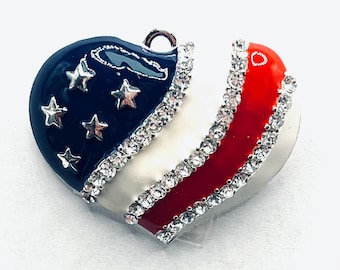 Colgante de corazón patriótico: estrellas y rayas de diamantes de imitación, aleación de plata (28 mm x 33 mm) 2100 2101