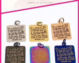 1pc or 5 Pcs She Is Clothed In Strength & Dignity And Laughs Without Fear Of The Future Square Stainless Steel Charms, Pendants B2840-B2845