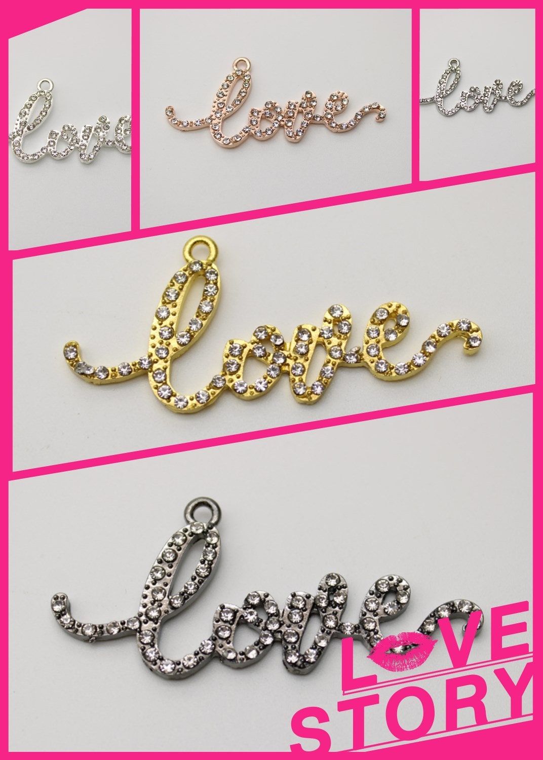 1 Pc. Rhinestone Love Word Script Charms, Word Script Charms, Alloy Metal, Charm, Pendants B1996-B2000