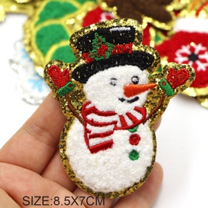 Snowman, Chenille Embroidered Patch, 1 pc large holiday Iron on, DIY Applique, Sewing Badges, Snow Balls, Cartoon decal, Build a snow man
