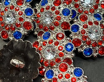 Rhinestone buttons, Clear, Red and Blue color rhinestones, 10 pieces, 28mm, 5051