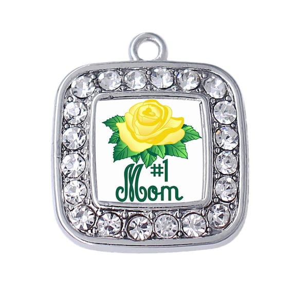 Bulk-5 Rhinestone #1 Mom Square Pendant Charm W/ A Yellow