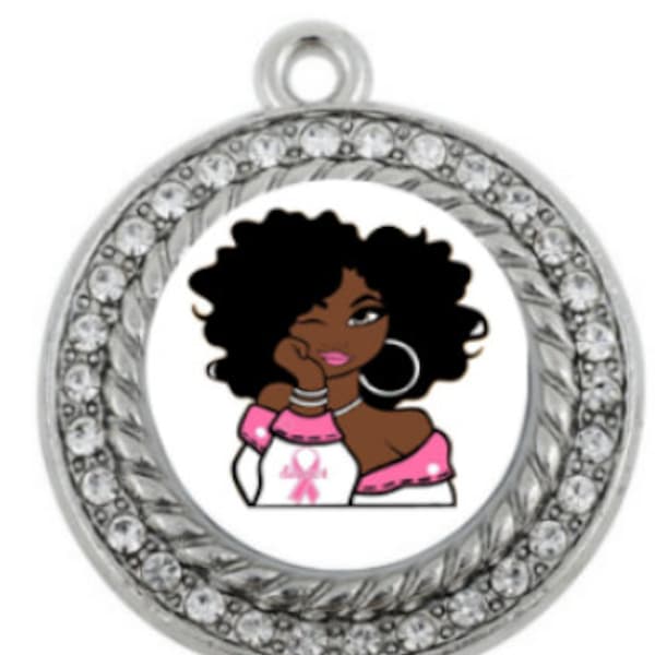 1 Pc. African American Woman Rhinestone Breast Cancer Survivor Awareness Charms, Pendants, Breast Cancer Awareness Charms, Pendants B2280