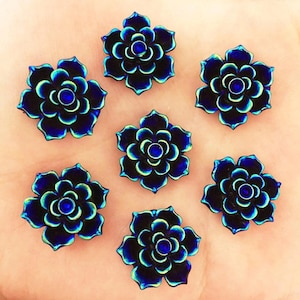 AB Blue Iridescent Resin Flower Flatbacks: 20mm Craft Embellishments (10 Pcs.)