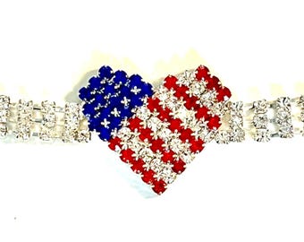 Rhinestone American Flag Heart Connector: Silver Metal Craft Embellishment CLEARENCE