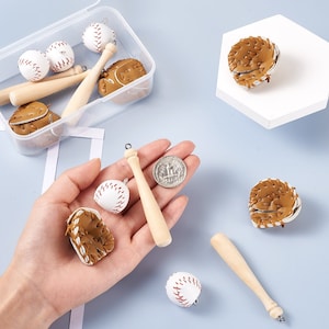 May include: A set of baseball-themed charms, including baseballs, bats, and catcher's mitts. The charms are made of leather and wood and are perfect for adding a sporty touch to your jewelry or crafts.