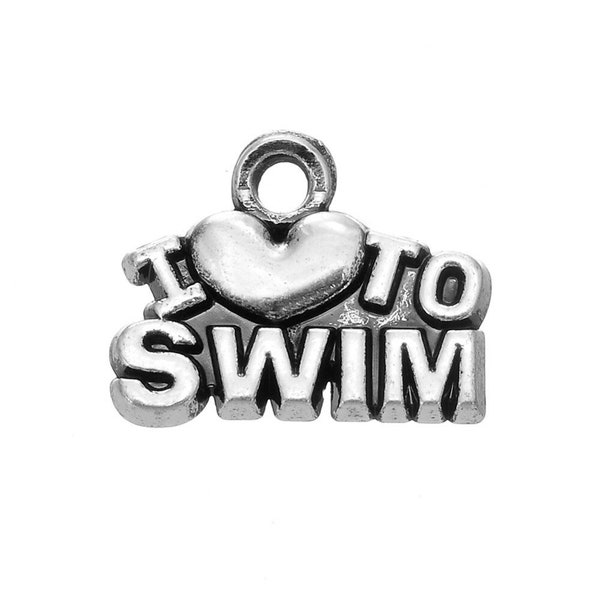 10 Pcs. I Love To Swim with 3D Heart Charms, Pendants, Swim Team Charms, Sports Charms, School Swim Team Charms, Antique Silver Metal B2476