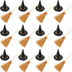 Mini heksenhoed en bezem set, Halloween knutselspullen, poppenhuis miniaturen, heksenversieringen, doe-het-zelf Halloween accessoires, 2-delig