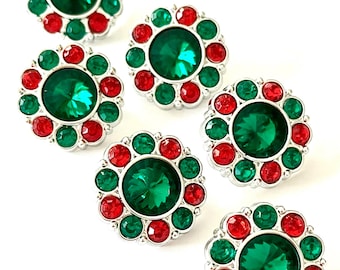 Green with Red and Green Rhinestones Buttons: Silver Acrylic Embellishments (25mm) 10 PCS