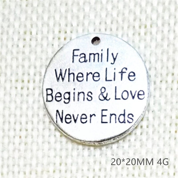 4 Pcs or 10 Pcs, 2-Sided, Family Where Life Begins & Love Never Ends, Tree of Life Charms, Quote Word, Marriage, Baby, Precious Gifts,