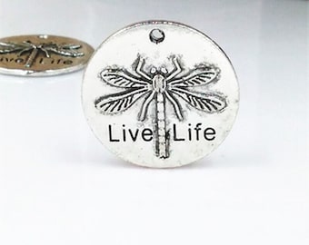 4 Antique Silver Dragonfly Charms: Embossed Word Quote Pendants (25mm)
