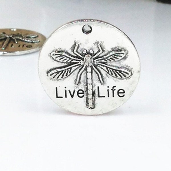 4 Pcs. Live Life, Dragonfly Embossed Round Charms, Pendants, Word Quote, Sky's The Limit, Dream Big, Success, Goals, Succeed, Never Give Up