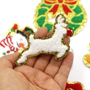Parche de reno de chenilla: aplique navideño blanco con purpurina dorada