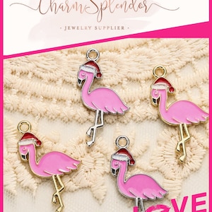 4 Pcs. Christmas Pink Flamingo W/ Santa Hat Charms, Enamel Flamingo Charms, Flamingo Pendants, Florida Bird Charms Zinc Alloy 2966-2967