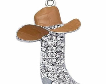 Rhinestone Cowboy Boot & Brown Hat Charm: Western Pendants (23mm x 34mm)
