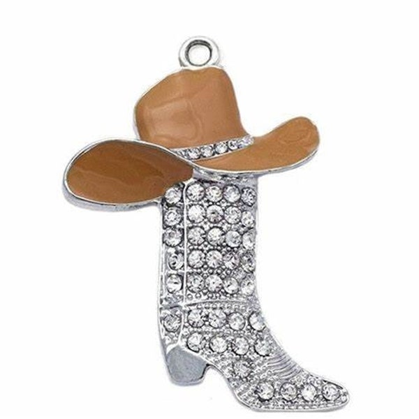 1 Pc. Rhinestone Cowboy Cowgirl Boot Hat Charms, Pendants, Fashion Boots, Western Style Rancher, Roper Footwear, Rodeo, Brown Hat, 238