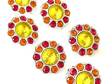 Yellow with Orange and Fuchsia Rhinestone Buttons: Silver Acrylic Embellishments (25mm) (10pc)