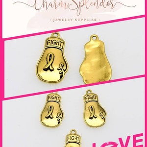 Boxing Glove Fight Cancer Charms, Cancer Ribbon Charm Pendants, Lot of 4 pcs., Gold Tone Alloy Metal Charm, Pendant Cancer Survivor 2107