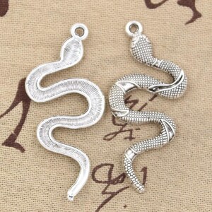 May include: Two silver snake charms with detailed scales and a textured finish. The charms are ideal for jewellery making or adding a unique touch to crafts.