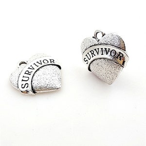 May include: Two silver heart-shaped charms with the word "SURVIVOR" inscribed on a banner around the heart.